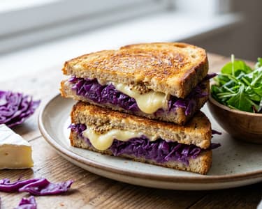 Meleg szendvics párolt vörös káposztával, camembert sajttal és dijoni mustárral