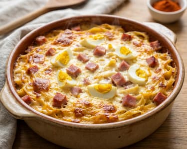 Szaftos rakott tészta füstölt hússal és tojással