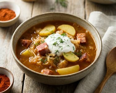 Korhelyleves füstölt hússal és burgonyával