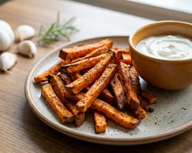 Crispy sweet potato fries with garlic dip