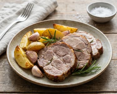 Roasted pork neck with potatoes, garlic, and rosemary