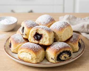 Homemade Bukta with three fillings (plum jam, cottage cheese, and poppy seed)