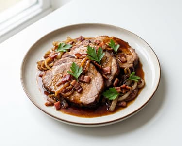 Pork shoulder roasted in beer with honey and bacon