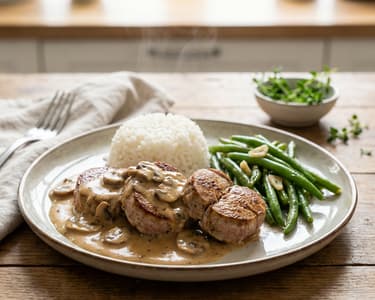 Pork tenderloin with creamy mushroom sauce and green beans