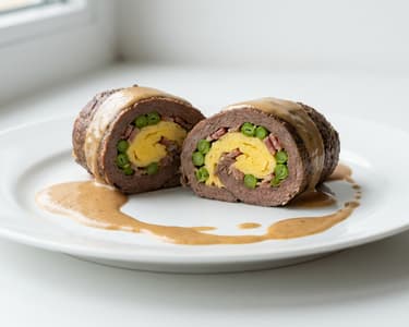 Töltött marhahús rolád tojásos omlettel és szalonnával