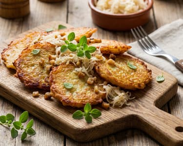 Potato Pancakes with Sauerkraut and Pork Cracklings