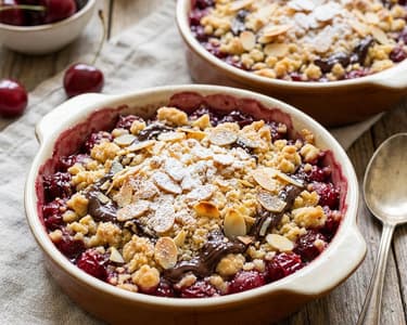 Meggyes crumble étcsokoládéval és mandulával