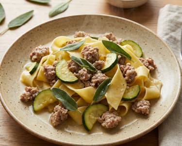 Pappardelle with fresh sausage, zucchini, and sage