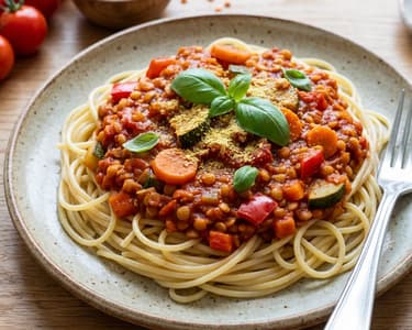 Vegán bolognai spagetti vöröslencsével