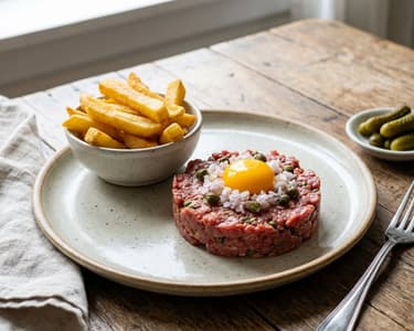 Belga tatár beefsteak házi hasábburgonyával