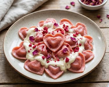 Sweet pasta hearts with mascarpone and rose