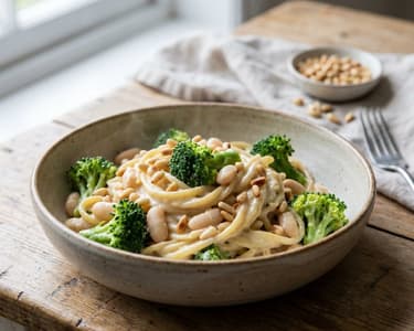 Creamy Broccoli Pasta with White Beans and Pine Nuts