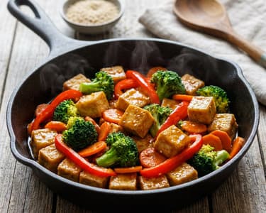 Zöldséges tofu egy serpenyőben