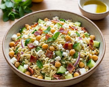 Greek Orzo Salad with Crispy Bacon
