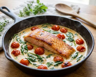 Salmon in creamy sauce with spinach and tomatoes