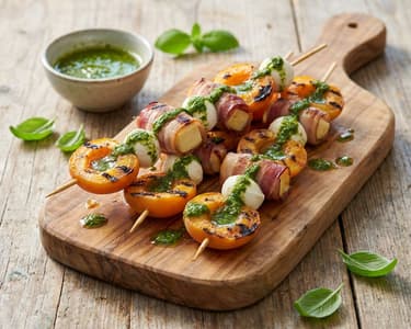 Grilled Skewers with Apricots, Pancetta, and Smoked Cheese