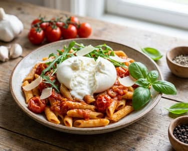Friss penne pomodoro burratával