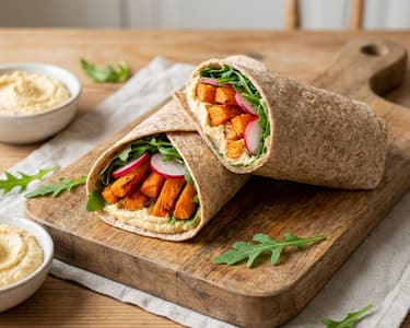 Whole wheat wrap with roasted carrots and hummus