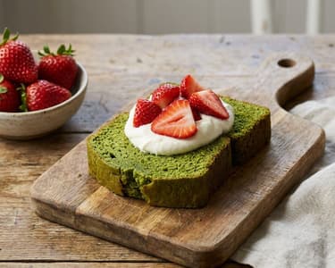 Matcha loaf cake with mascarpone and strawberries