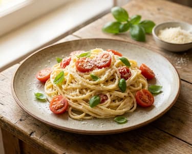 Krémes mascarponés spagetti sült koktélparadicsommal