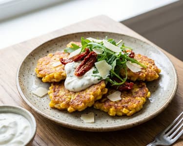 Kukoricás lepénykék mártogatóssal, aszalt paradicsommal és parmezánnal