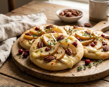 Mini pizza with Brie cheese, caramelized pear and pecans