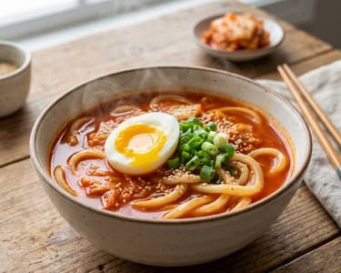 Spicy Kimchi Soup with Udon Noodles and Egg