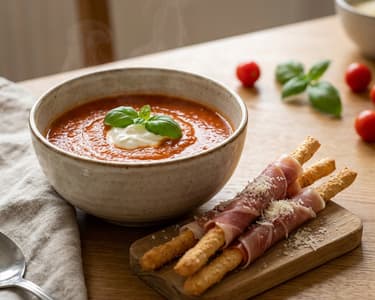 Sült paradicsomleves parmezános-prosciuttós grissinivel