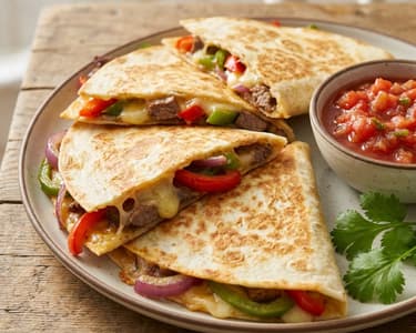 Steak quesadilla with spicy sauce and herbs