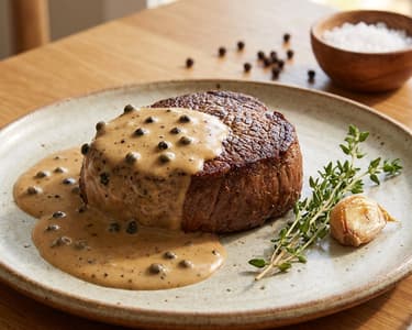 Plant-based steak with creamy pepper sauce