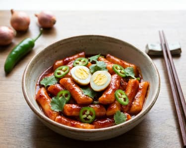 Spicy Tteokbokki with Quail Eggs, Shallots, and Jalapeños