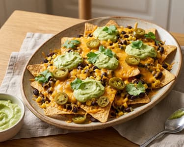 Baked Nacho Platter with Avocado Dip and Beans