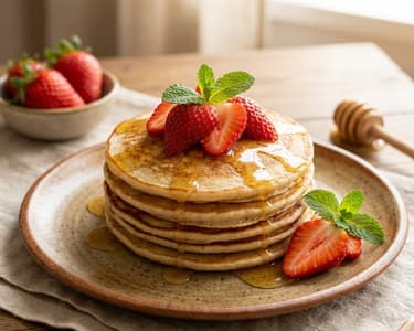 Banana pancakes with strawberries and mint