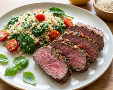 Marhasteak spenótos quinoával