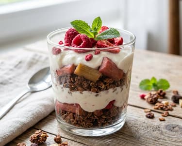 Homemade granola with roasted rhubarb
