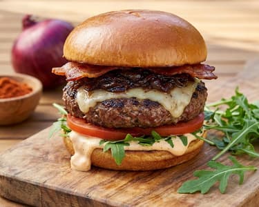Grillezett hamburger karamellizált hagymával és füstölt majonézzel