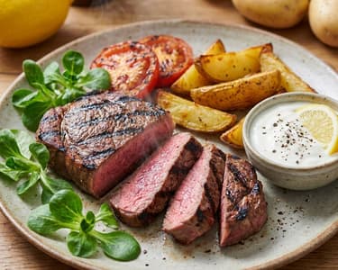 Grilled rump steak with roasted potatoes and yogurt dip