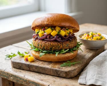 Vegan burger with mango salsa and caramelized onions
