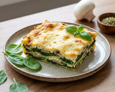 Mushroom and spinach lasagna with cottage cheese