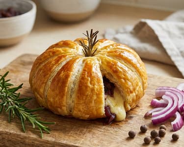 Leveles tésztából készült tökök camembert-rel és hagymás chutney-val töltve