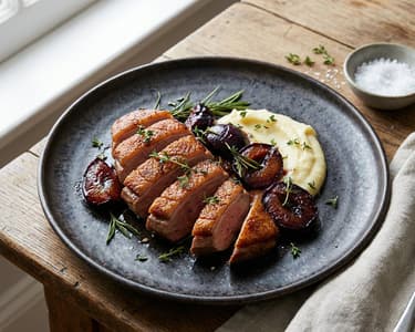 Duck Breast, Flambéed Greengage Plums, Smoked Potato Purée