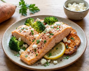 Salmon with sweet potato and broccoli