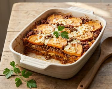 Édesburgonyás lasagne darált hússal és cottage sajttal