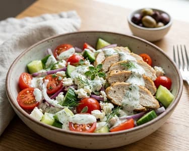 Greek salad with roasted chicken