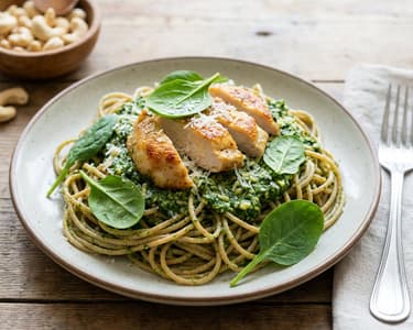Spagetti spenótos pestóval és sült csirkemellel