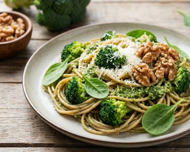 Teljes kiőrlésű spagetti brokkolis pestóval és dióval