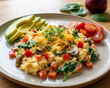 Vegetable Scrambled Eggs with Avocado and Cheddar