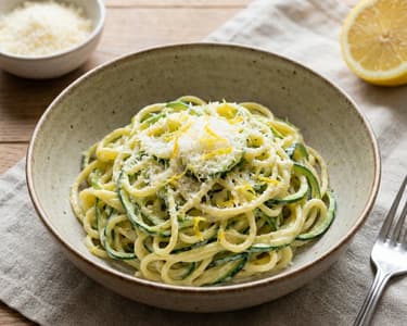 Krémes cukkinis spagetti citrommal és parmezánnal