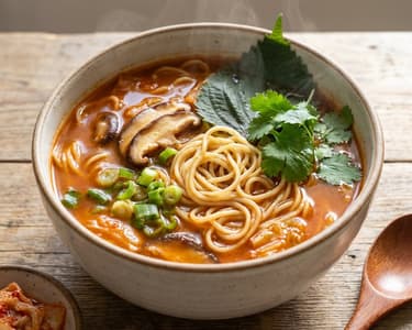 Pikáns Kimchi leves Mie tésztával és gombával