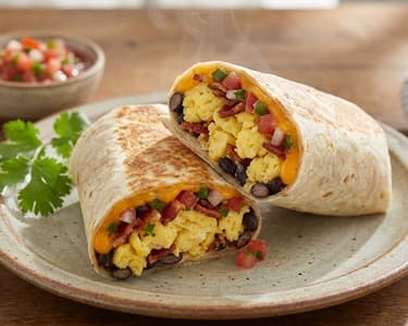Breakfast burrito with bacon and eggs